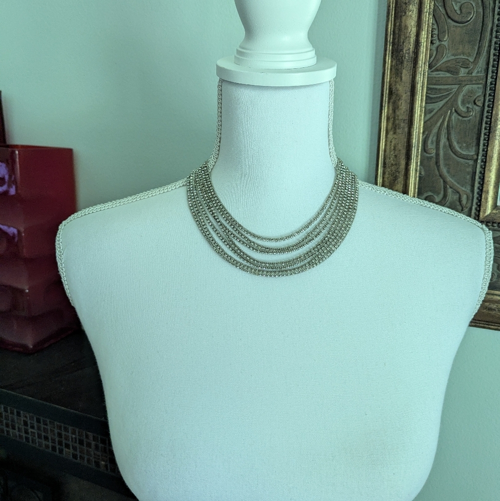 Multi Strand Rhinestone Layered Silver Statement Choker Necklace Chains FLAW